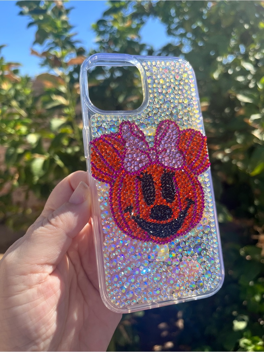 Halloween Disney vibes Iridescent Rhinestone Case with Minnie Pumpkin OOAK